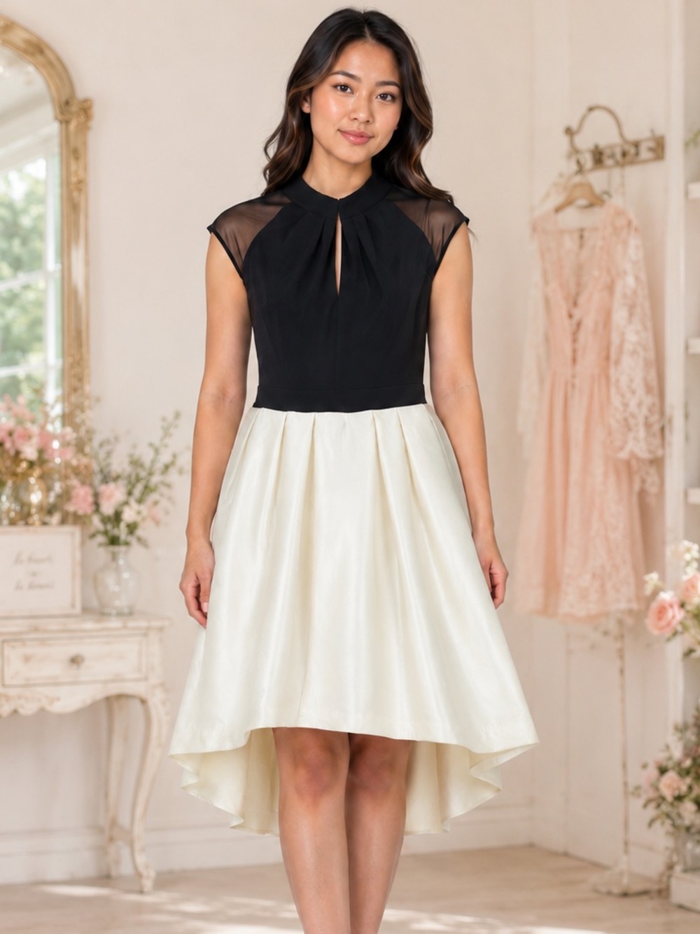 Betsy & Adam Black Ivory High Low Formal Dress Keyhole Sheer Shoulder NWT Dance